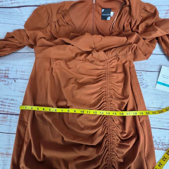 Maison Tara Sienna Brown Sheath Dress 16 Asymmetric Ruch Neutral Party Glam NWT - Picture 14 of 16